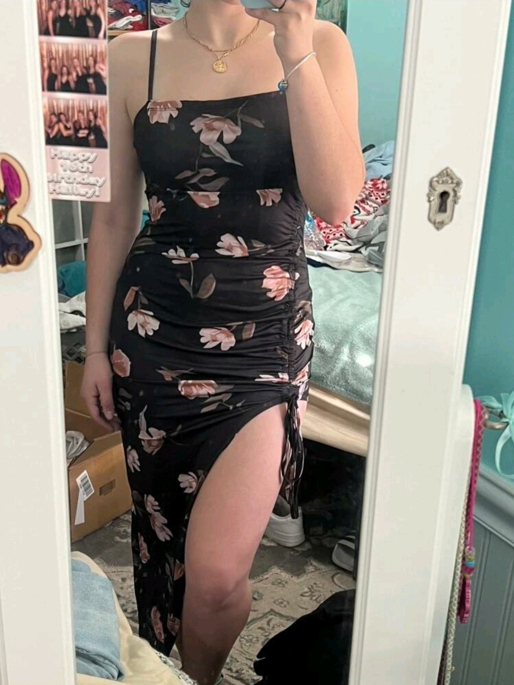 Black Floral Ruched Side-Slit Women's Dress